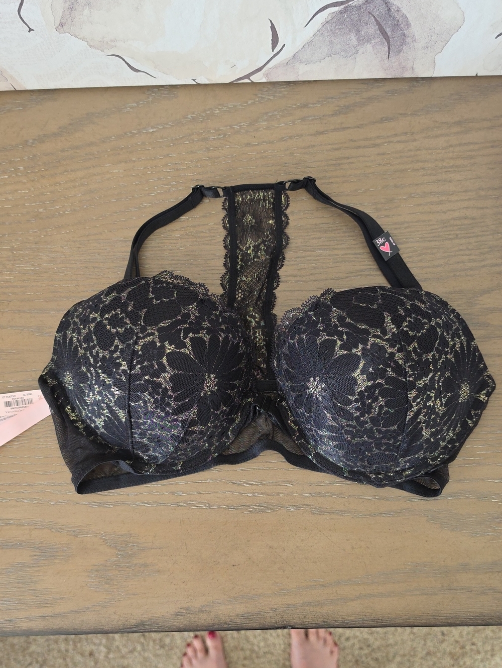 NWT Victoria's Secret Black Lace Push-Up Racerback Bra with Gold Accents